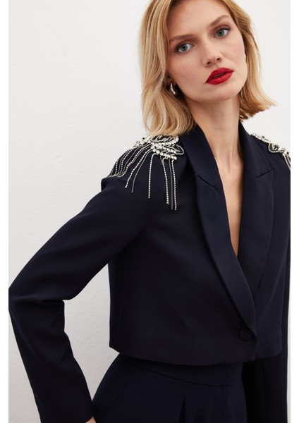 Omuz Aksesuarlı Kısa Ceket - Lacivert modelleri