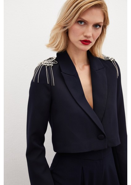 Omuz Aksesuarlı Kısa Ceket - Lacivert fırsatları