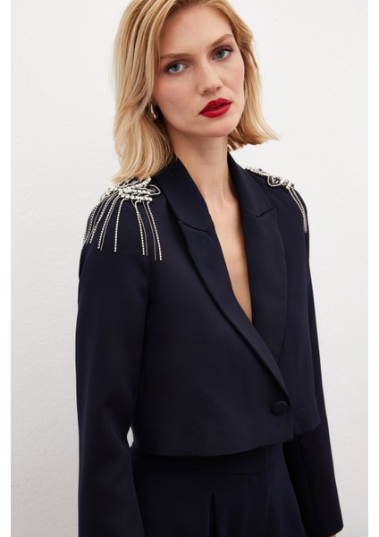 Omuz Aksesuarlı Kısa Ceket - Lacivert indirimleri
