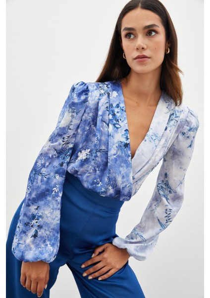 Çiçek Desenli Bodysuit Bluz - Indigo fiyatları
