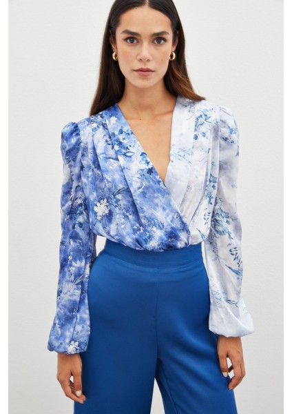 Çiçek Desenli Bodysuit Bluz - Indigo fırsatları
