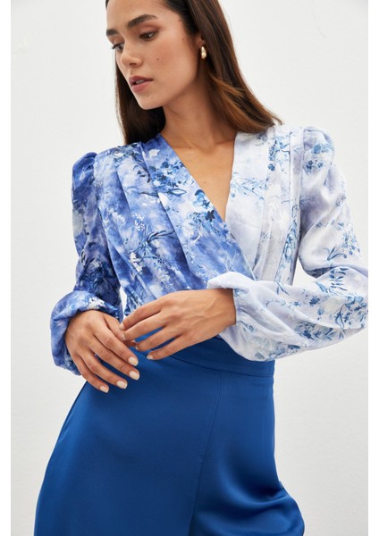 Çiçek Desenli Bodysuit Bluz - Indigo indirimleri