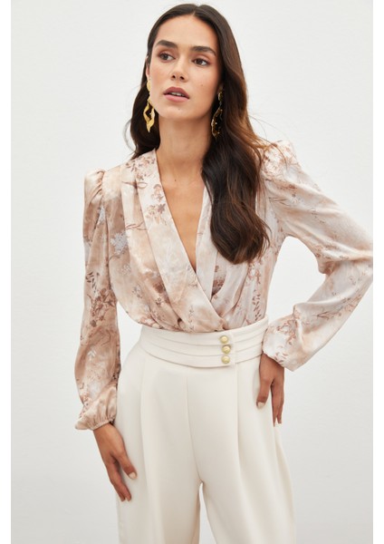 Çiçek Desenli Bodysuit Bluz - Camel