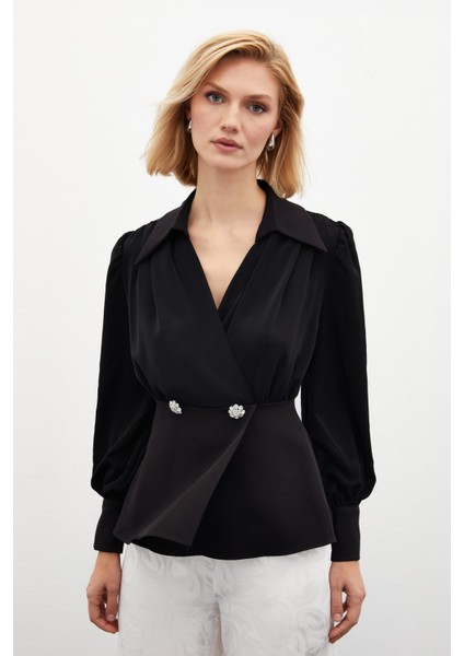 Gömlek Yakalı Bluz - Siyah