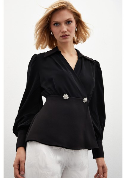 Gömlek Yakalı Bluz - Siyah indirimleri