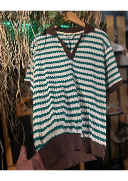 Polo Yaka Oversize Çizgili T-Shirt