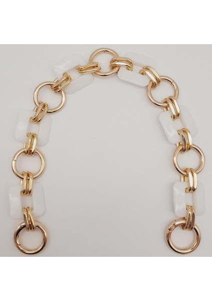 40 cm Kare Akrilik Yaylı Halkalı Çanta Zinciri Beyaz Renk Light Gold Metalli