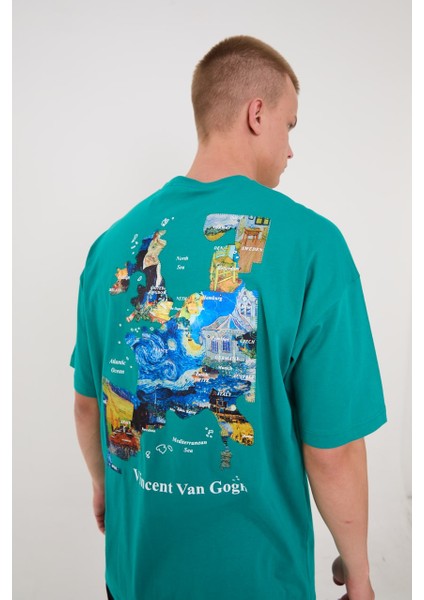 Vincent Van Gogh Haritası Yeşil Oversize T-Shirt