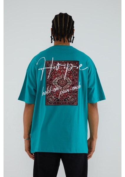 Özel Halı Desenli Dikişli Yeşil T-Shirt