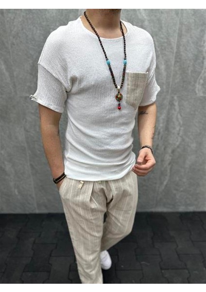 Beyaz Fitilli Dokuma Kumaş Oversize T-Shirt