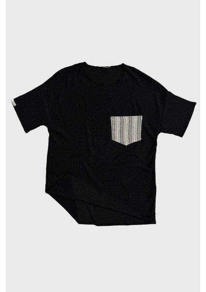 Siyah Fitilli Dokuma Kumaş Oversize T-Shirt
