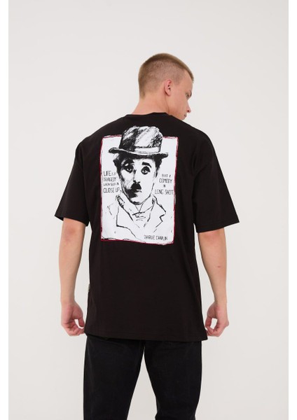 Charlie Chaplin Siyah Nakışlı Unisex T-Shirt