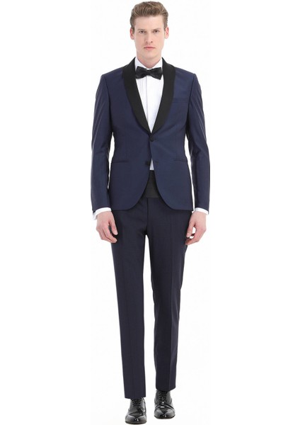 Saks Düz Fashion Slim Fit Kelebek Yaka Dokuma Smokin Takım Elbise