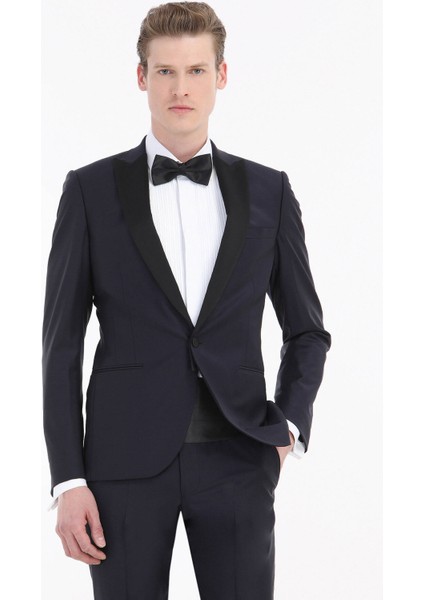 Lacivert Düz Fashion Slim Fit Kruvaze Yaka Dokuma Smokin Takım Elbise fiyatları