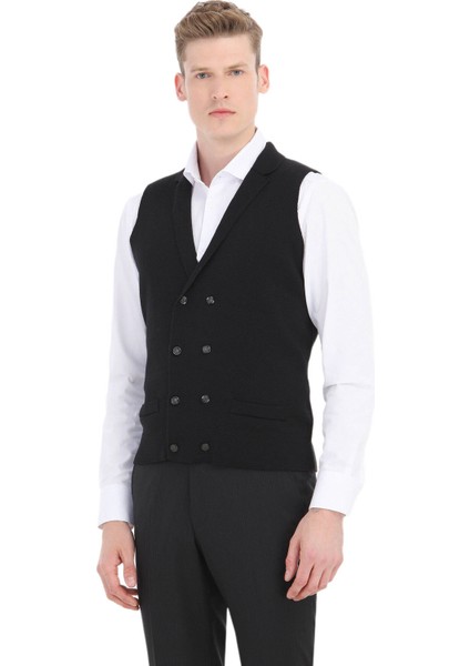 Siyah Regular Fit Kelebek Yaka Casual Örme Triko Yelek