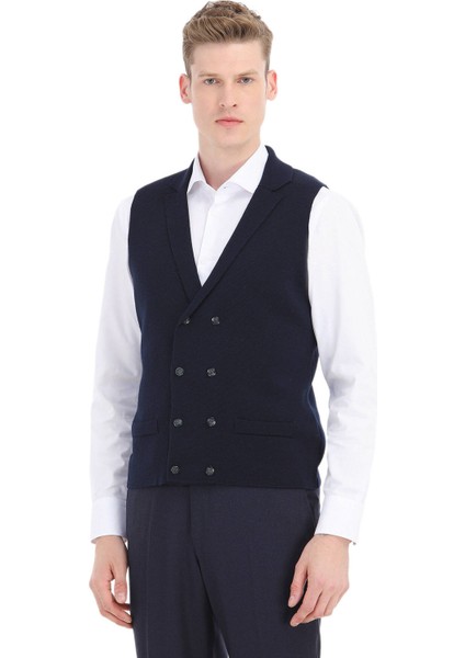 Lacivert Regular Fit Kelebek Yaka Casual Örme Triko Yelek