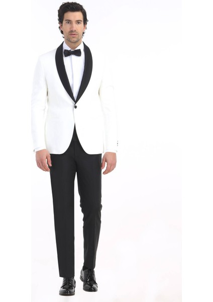 Ekru Düz Modern Fit Şal Yaka Dokuma Smokin Takım Elbise