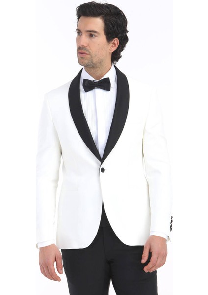 Ekru Düz Modern Fit Şal Yaka Dokuma Smokin Takım Elbise fiyatları