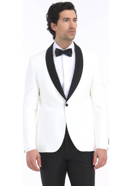 Ekru Düz Modern Fit Şal Yaka Dokuma Smokin Takım Elbise fırsatları