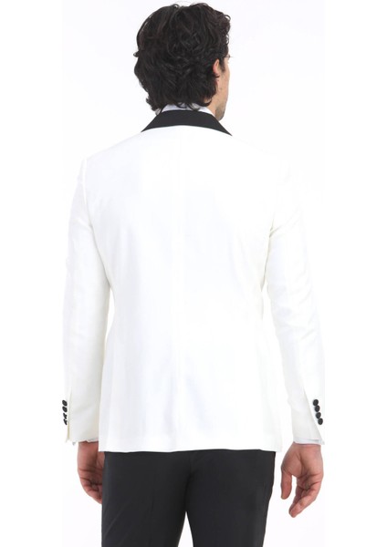 Ekru Düz Modern Fit Şal Yaka Dokuma Smokin Takım Elbise indirimleri