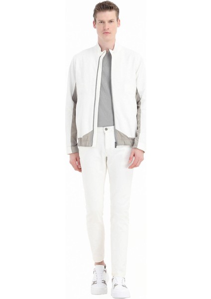 Beyaz Regular Fit Dik Yaka Casual Dokuma Mont