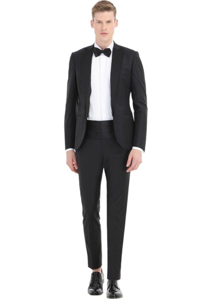 Siyah Düz Fashion Slim Fit Kruvaze Yaka Dokuma Smokin Takım Elbise