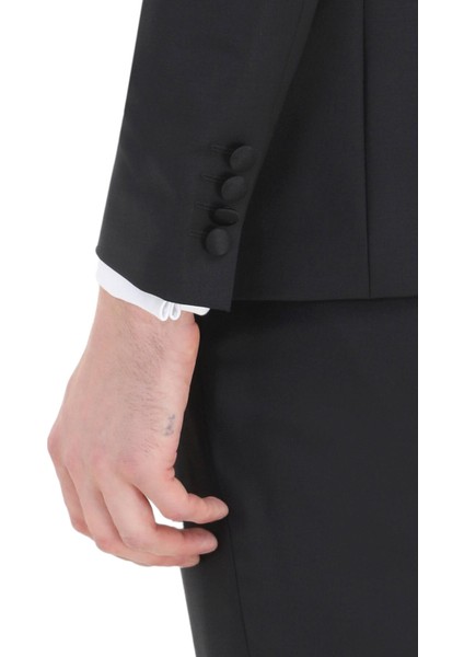 Siyah Düz Fashion Slim Fit Kruvaze Yaka Dokuma Smokin Takım Elbise fırsatları