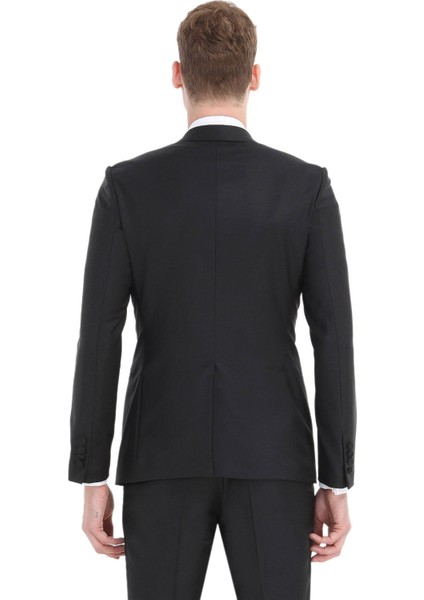 Siyah Düz Fashion Slim Fit Kruvaze Yaka Dokuma Smokin Takım Elbise indirimleri