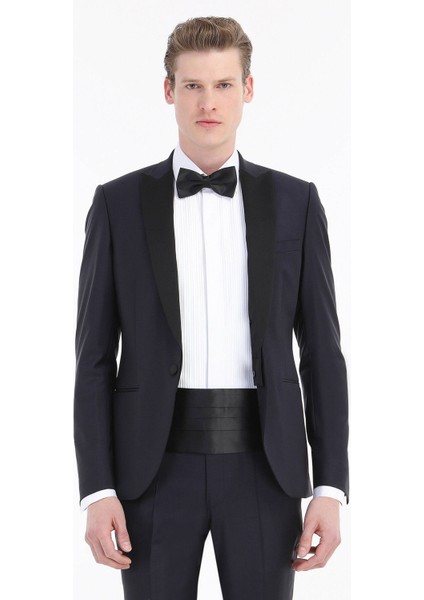 Lacivert Düz Fashion Slim Fit Kruvaze Yaka Dokuma Smokin Takım Elbise fiyatları