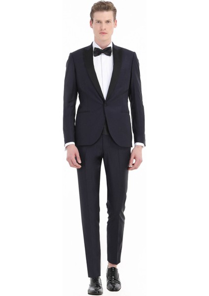 Lacivert Düz Fashion Slim Fit Kruvaze Yaka Dokuma Smokin Takım Elbise modelleri