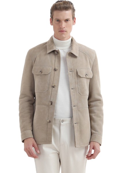 Bej Regular Fit Gömlek Yaka Casual Kürk Deri Mont fiyatları