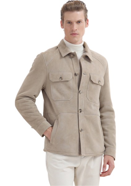 Bej Regular Fit Gömlek Yaka Casual Kürk Deri Mont modelleri