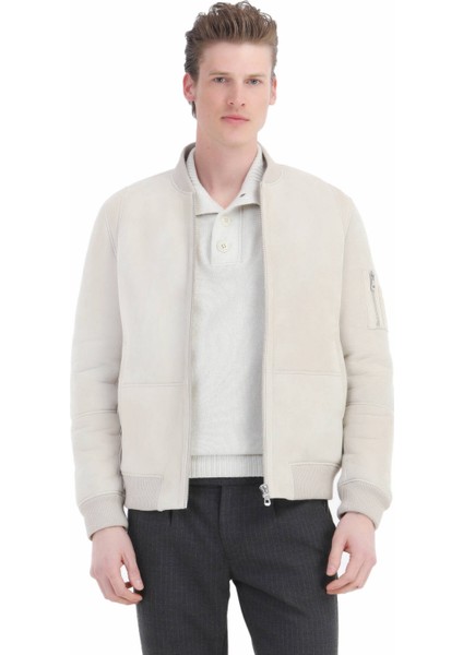 Bej Regular Fit Dik Yaka Casual Kürk Deri Mont