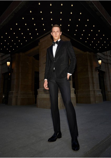 Siyah Desenli Thin&taller Slim Fit Kruvaze Yaka Dokuma Smokin Takım Elbise