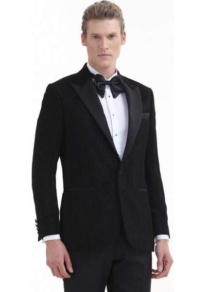 Siyah Desenli Thin&taller Slim Fit Kruvaze Yaka Dokuma Smokin Takım Elbise modelleri