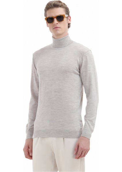 Açık Bej Tam Balıkçı Yaka Düz Örgü %100 Yün Triko Kazak