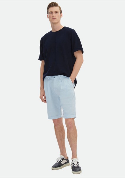Açık Mavi Düz Dokuma Carrot Fit Casual %100 Pamuk Bermuda