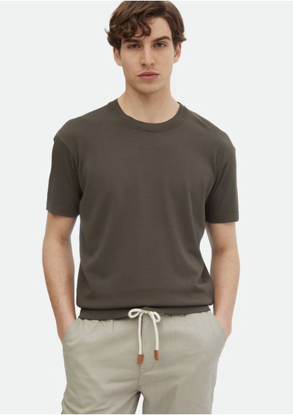 Haki Bisiklet Yaka Düz Örgü Triko