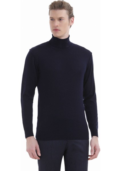 Lacivert Tam Balıkçı Yaka Düz Örgü %100 Yün Triko Kazak