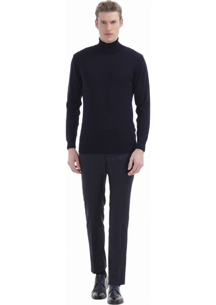 Lacivert Tam Balıkçı Yaka Düz Örgü %100 Yün Triko Kazak fiyatları