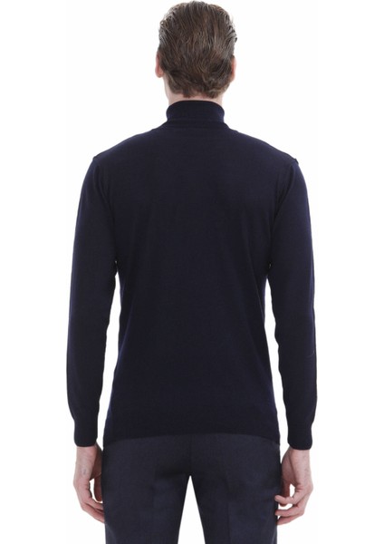 Lacivert Tam Balıkçı Yaka Düz Örgü %100 Yün Triko Kazak indirimleri