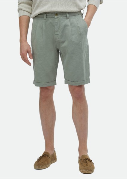 Açık Yeşil Düz Dokuma Carrot Fit Casual %100 Pamuk Bermuda modelleri