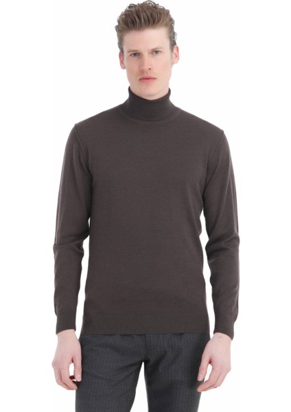 Kahverengi Tam Balıkçı Yaka Düz Örgü %100 Yün Triko Kazak