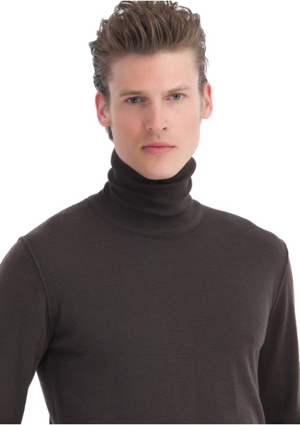 Kahverengi Tam Balıkçı Yaka Düz Örgü %100 Yün Triko Kazak indirimleri