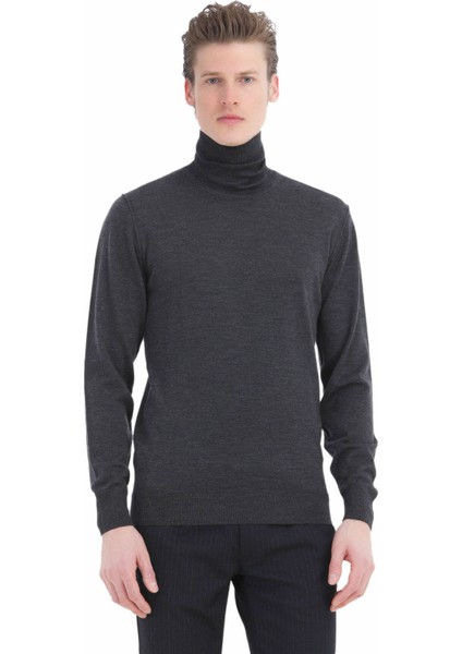 Antrasit Tam Balıkçı Yaka Düz Örgü %100 Yün Triko Kazak