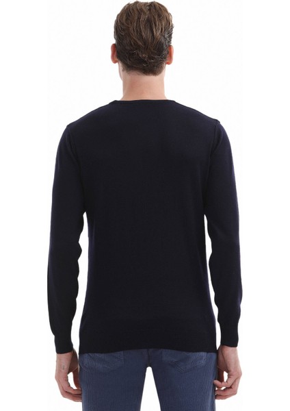 Lacivert Bisiklet Yaka Düz Örgü %100 Yün Triko Kazak indirimleri