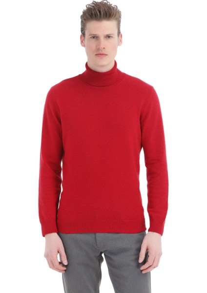 Kırmızı Tam Balıkçı Yaka Jakarlı Yün Karışımlı Triko Kazak