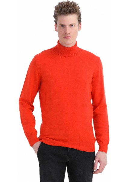 Turuncu Tam Balıkçı Yaka Jakarlı Yün Karışımlı Triko Kazak