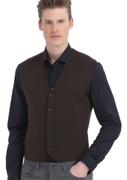 Kahverengi Regular Fit V Yaka Casual Örme Triko Yelek