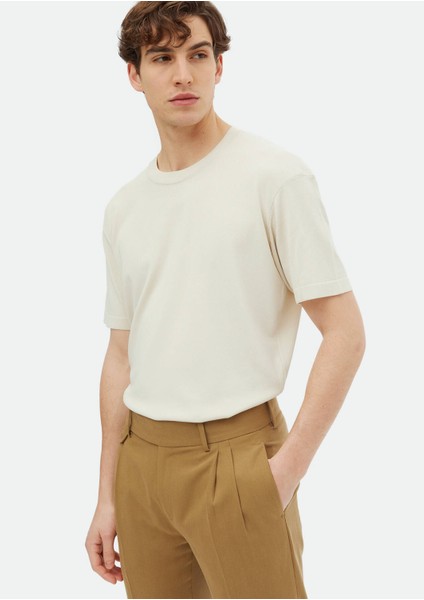 Bej Bisiklet Yaka Düz Örgü Triko